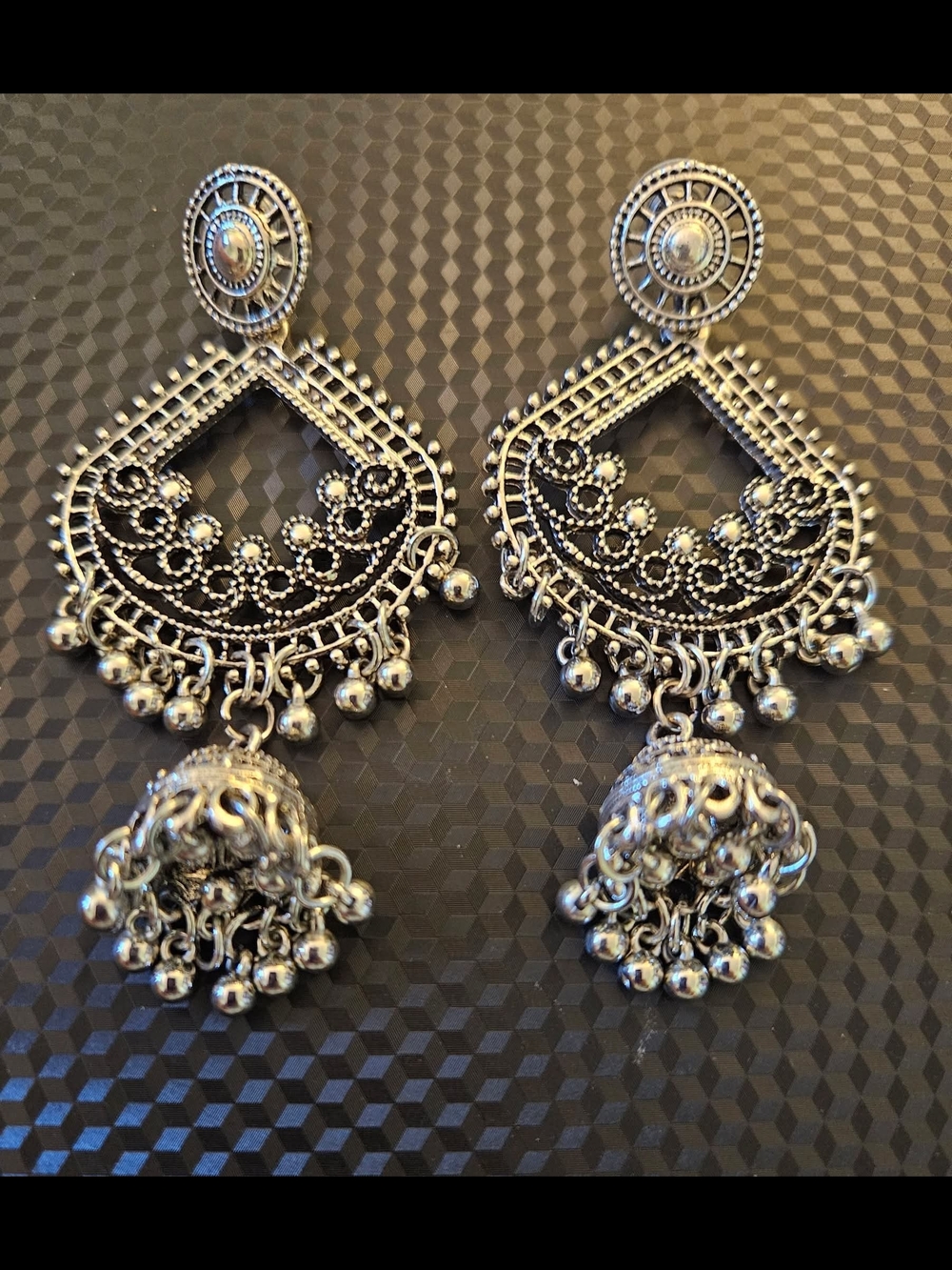 Silver-Tone Filigree Jhumka Earrings - Elegant Ethnic Drop